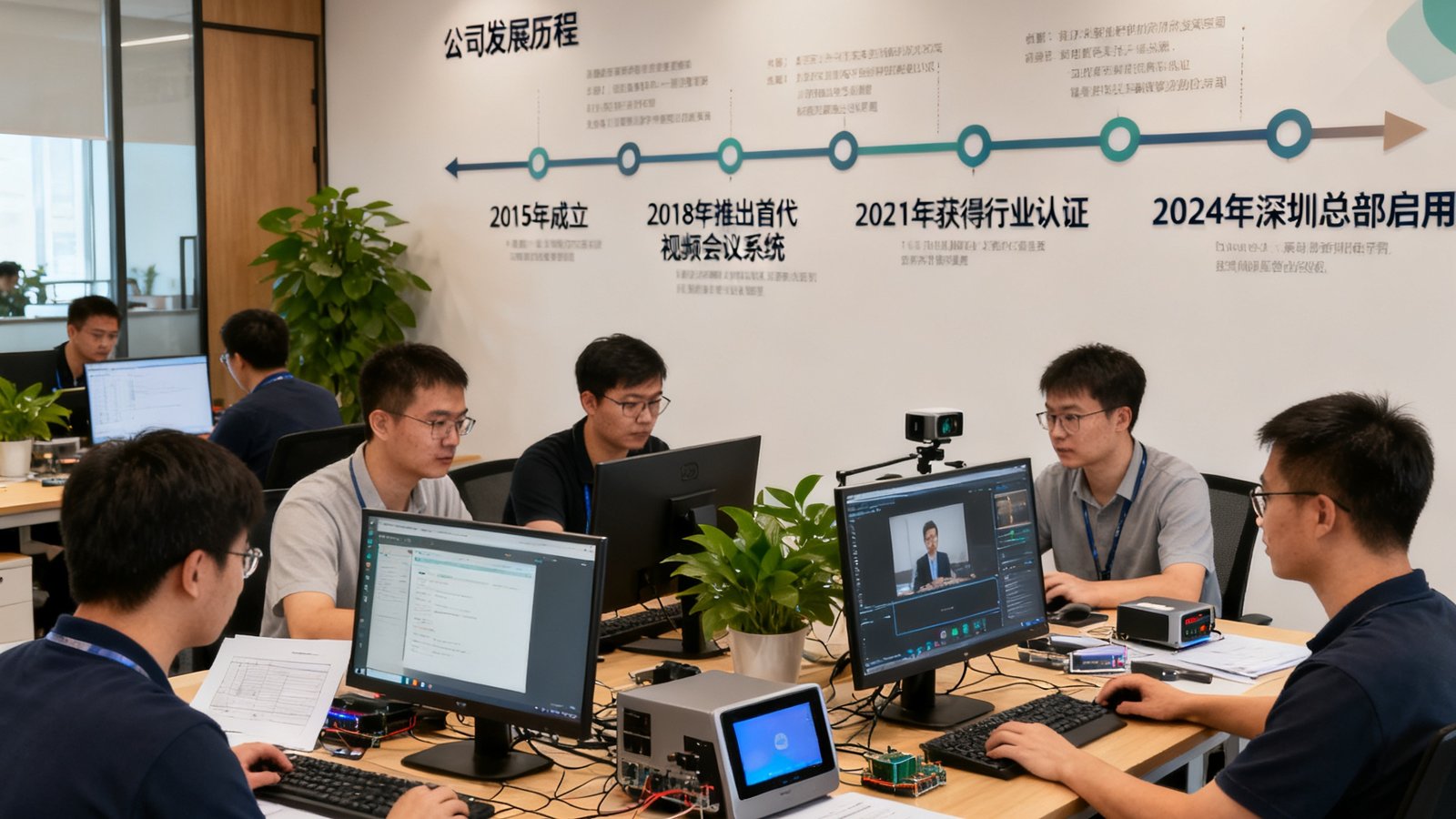 OG视讯深圳总部办公环境实景，开放式办公区内数十名工程师正在协作开发视频会议系统，墙上展示着公司发展历程时间轴